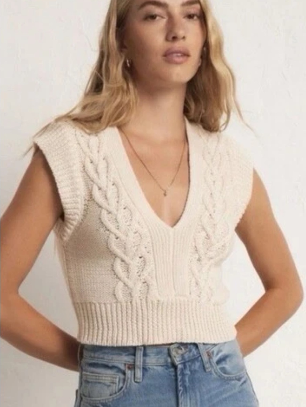 Z Supply Cream Cable Knit V-Neck Sweater Vest XS